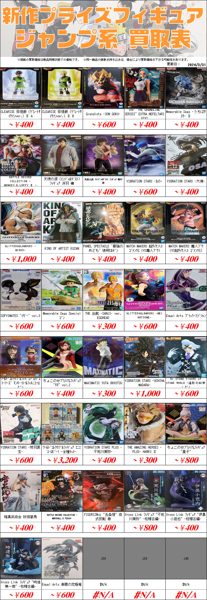 UFOキャッチャーフィギュア買取価格表-千葉鑑定団八千代店