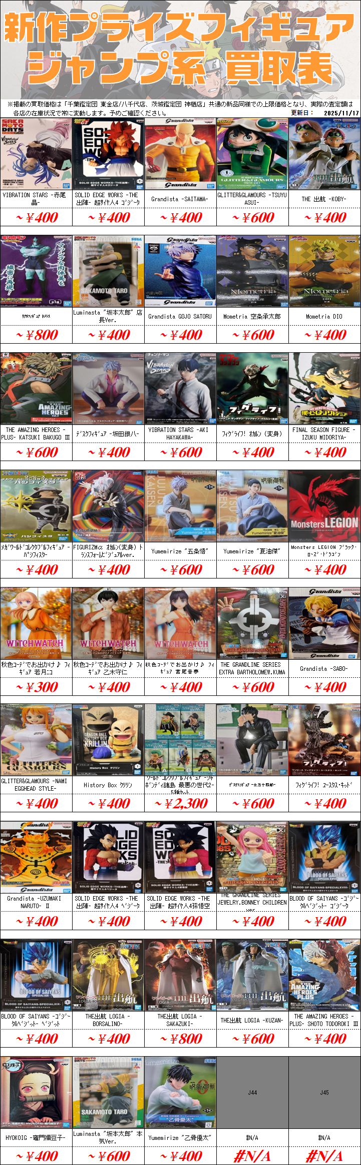 UFOキャッチャーフィギュア買取価格表-千葉鑑定団八千代店