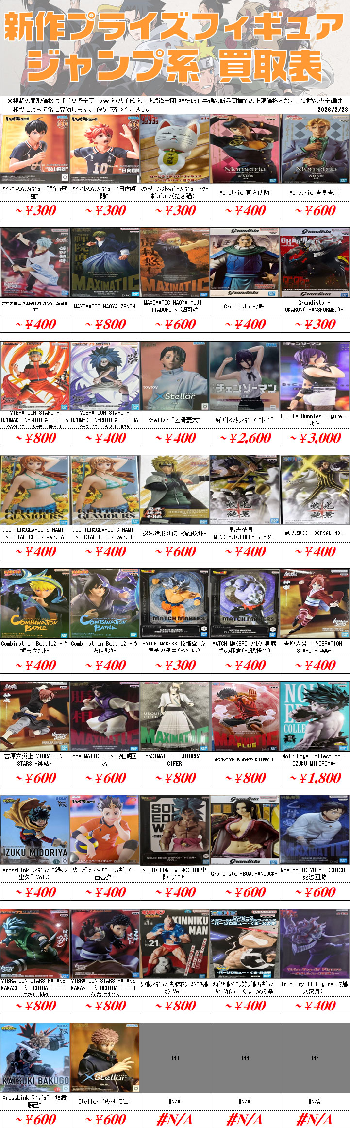 UFOキャッチャーフィギュア買取価格表-千葉鑑定団八千代店