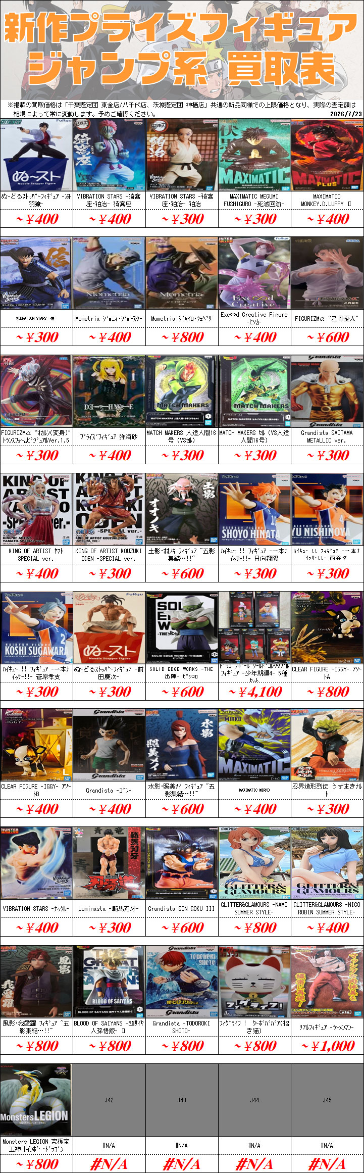 UFOキャッチャーフィギュア買取価格表-千葉鑑定団八千代店
