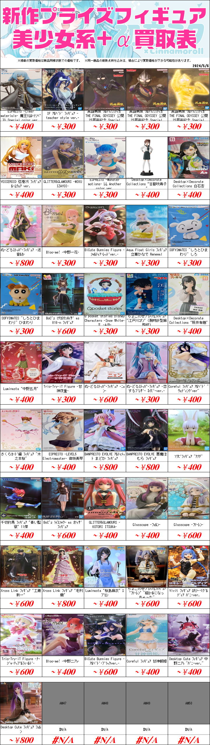UFOキャッチャーフィギュア買取価格表-千葉鑑定団八千代店