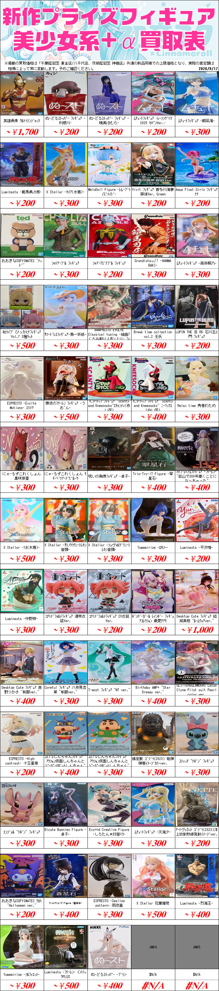 UFOキャッチャーフィギュア買取価格表-千葉鑑定団八千代店