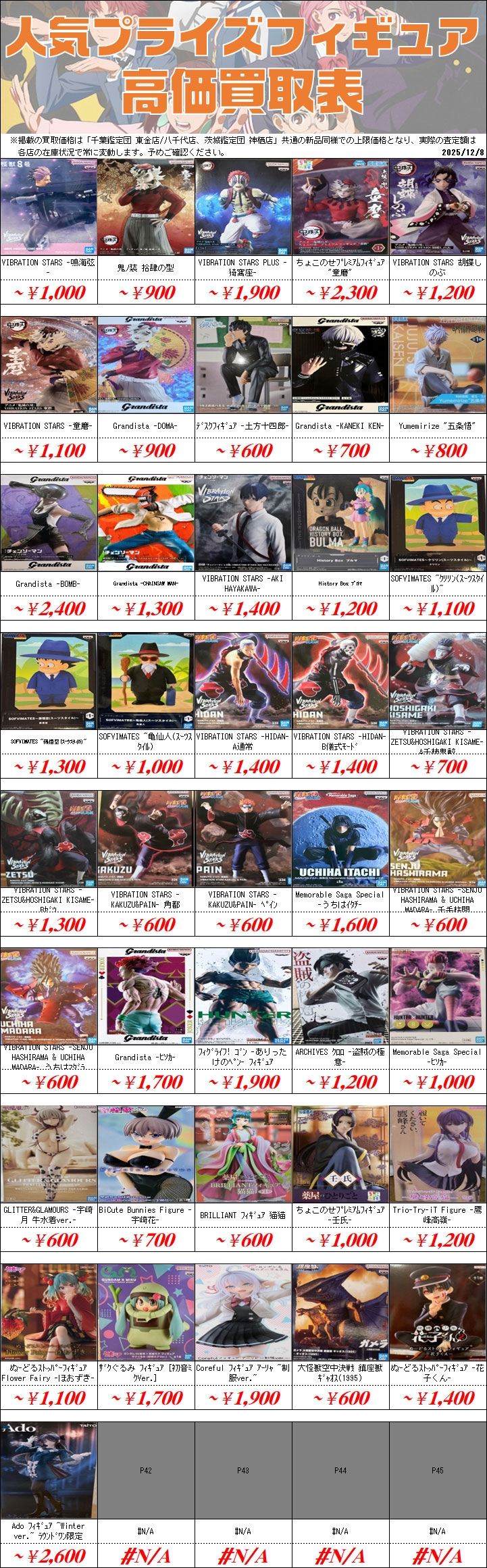 UFOキャッチャーフィギュア買取価格表-千葉鑑定団八千代店