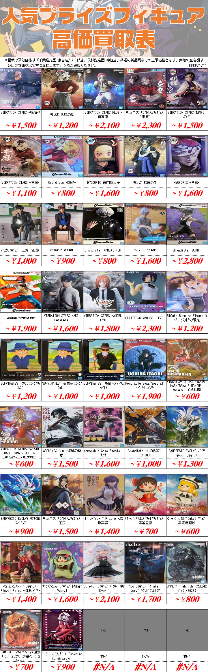 UFOキャッチャーフィギュア買取価格表-千葉鑑定団八千代店