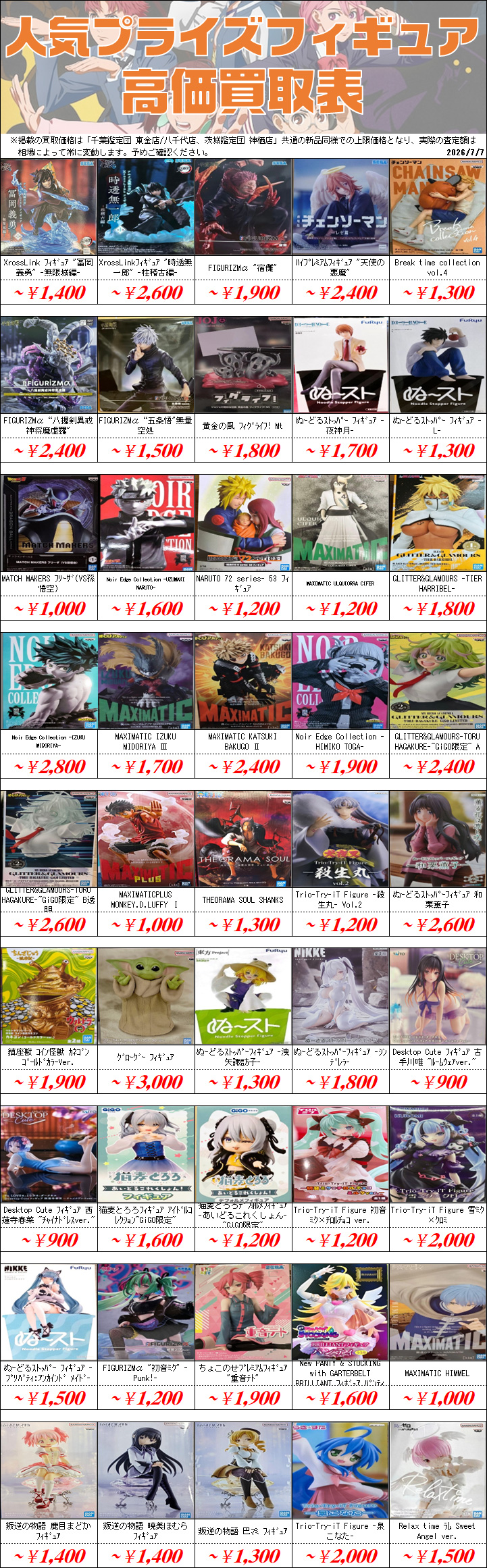 UFOキャッチャーフィギュア買取価格表-千葉鑑定団八千代店