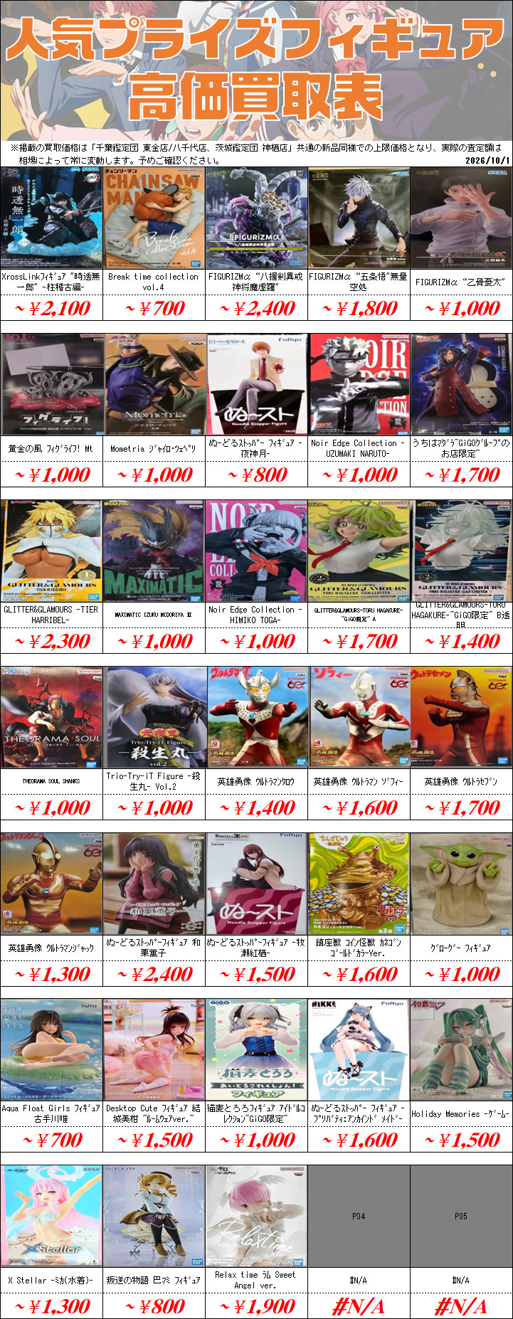 UFOキャッチャーフィギュア買取価格表-千葉鑑定団八千代店